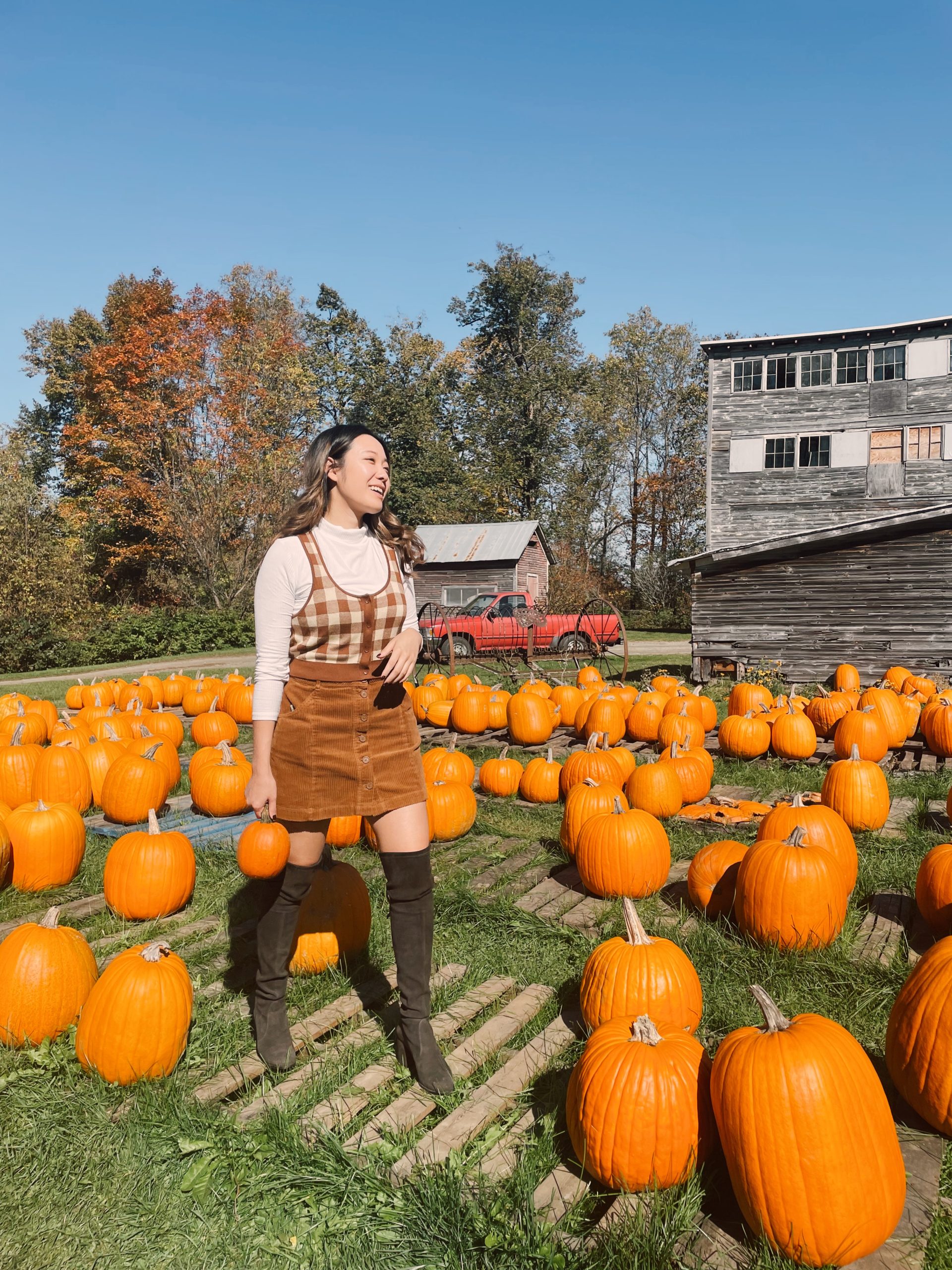Stowe pumpkin patch fall outfit with plaid brown vest and gray over the knee Stuart Weitzman boots